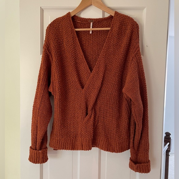 Free people Coco v-neck sweater chunky texture knit chocolate chip brown S - Picture 2 of 7